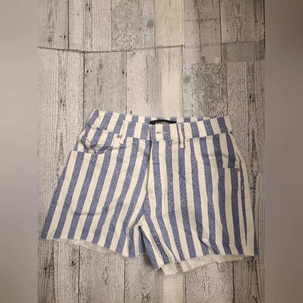 Express Blue/White Striped Super High Rise Mom Shorts, Size 8